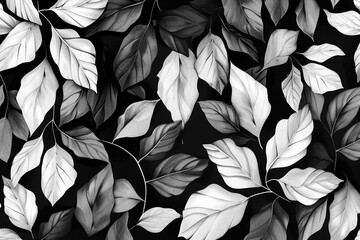 A Artistic black and white illustration of leaves, presenting a natural pattern with a minimalist design.