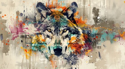 A Artistic representation of a wolf with expressive brush strokes and colorful splashes on a textured background. - obrazy, fototapety, plakaty