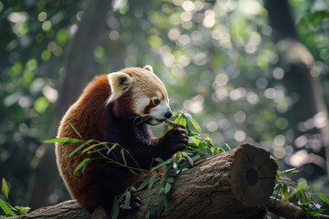 Red panda sitting on tree trunk