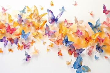 A beautiful and whimsical art piece showcasing a swarm of watercolor butterflies in flight.