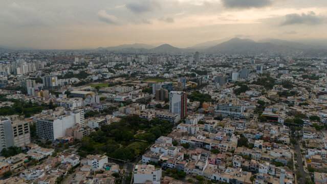 Aerial Drone view of Lima the capital city of Peru skyline, Mireflores Barranco morning traffic south america