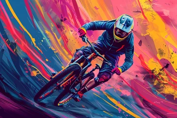 Papier Peint photo Montagnes A Colorful and energetic illustration of a mountain biker in motion with dynamic background.
