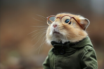 A guinea pig dons a green jacket and eyeglasses, gazing upward with a curious look against a soft-focus background - obrazy, fototapety, plakaty