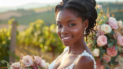 Portrait of an African American woman in a wedding dress in a white dress with flowers against a background of greenery
