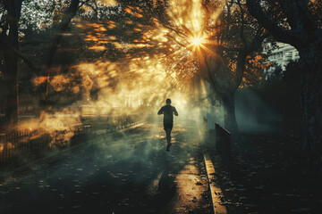 Hombre corriendo en un parque durante la mañana, estilo de vida saludable - obrazy, fototapety, plakaty