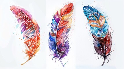 A set of three feathers painted in watercolor, each featuring intricate patterns and colors.