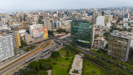 Fototapeta na wymiar Aerial Drone view of Lima the capital city of Peru skyline, Mireflores Barranco morning traffic south america