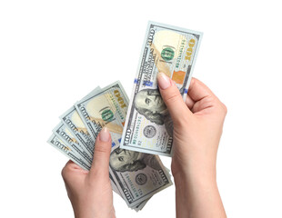 Woman holds banknotes in hand, isolated on a transparent background png Top view. Counting or spend money.