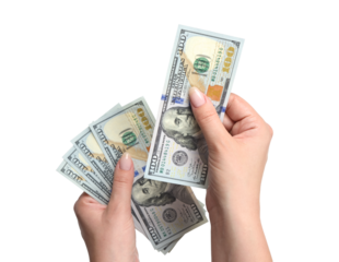 Woman holds banknotes in hand, isolated on a transparent background png Top view. Counting or spend money.