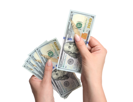 Woman holds banknotes in hand, isolated on a transparent background png Top view. Counting or spend money.