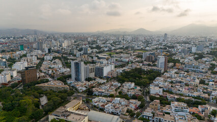 Aerial Drone view of Lima the capital city of Peru skyline, Mireflores Barranco morning traffic south america