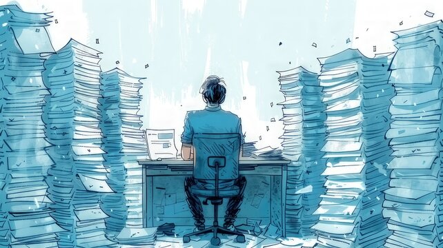 A person seated at a desk, encircled by towering piles of papers, folders, and documents
