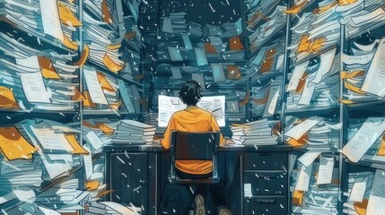 Sketch A person sitting at a desk, surrounded by towering stacks of papers, folders, and documents
 - obrazy, fototapety, plakaty