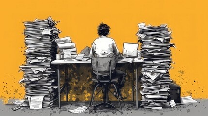 Sketch A person sitting at a desk, surrounded by towering stacks of papers, folders, and documents
