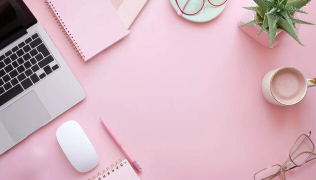 A laptop, a mouse, a pen, and a cup of coffee are on a pink background by AI generated image