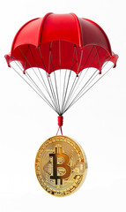 pièce de bitcoin accrochée à un parachute rouge sur fond blanc - obrazy, fototapety, plakaty
