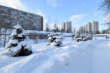 Cityscape with snowdrifts in Zelenograd in Moscow, Russia