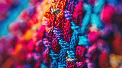 Close-up of vibrant, multicolored textured fabric showing intricate weaving details and the interplay of light on its threads.