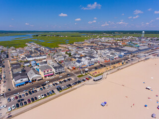 Hampton Beach aerial view including historic waterfront buildings on Ocean Boulevard and Hampton Beach State Park, Town of Hampton, New Hampshire NH, USA.
