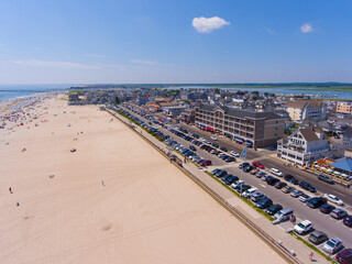 Hampton Beach aerial view including historic waterfront buildings on Ocean Boulevard and Hampton Beach State Park, Town of Hampton, New Hampshire NH, USA.