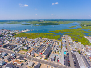 Hampton Beach village at Hampton Harbor aerial view including historic waterfront buildings from Hampton Beach State Park in Town of Hampton, New Hampshire NH, USA. - obrazy, fototapety, plakaty