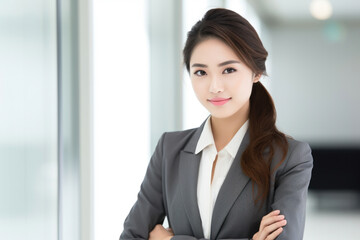 A woman in a business suit is smiling and posing for a photo. She is wearing a gray jacket and a white shirt