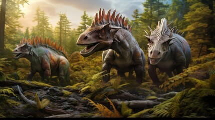 Three dinosaurs are walking through a forest
