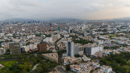 Obraz premium Aerial Drone view of Lima the capital city of Peru skyline, Mireflores Barranco morning traffic south america