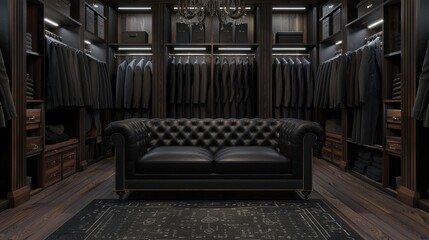 Fototapeta na wymiar Luxury store of men clothing with black sofa, male wardrobe interior