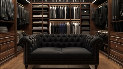 Luxury store of men clothing with black sofa, male wardrobe interior - obrazy, fototapety, plakaty