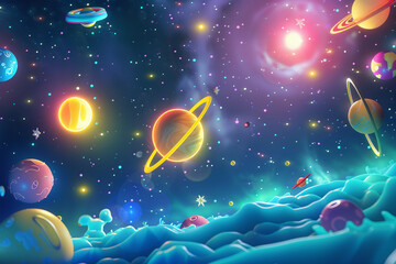 Obraz na płótnie Canvas Whimsical Colorful Planets in a Fantasy Space Illustration