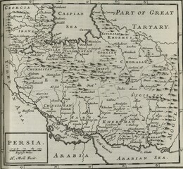 Old map of Persian territory from an 18th century atlas