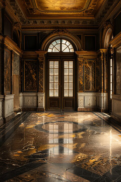 An empty room with an elegant grand design using marble and gold color