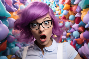 Trendy and stylish female model with purple hair and glasses is looking with an open mouth, surprised, wondering, shocked or funny expression.