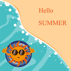 Hello Summer clipart in trendy Limited color Palettes style. Kawaii sun character. Travel agency concept. Vector illustration can used web social media brochure, postcard, banner, poster, EPS 10