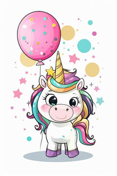 Adorable unicornio de dibujos animados rodeado de un globo rosa y estrellas de colores sobre fondo blanco