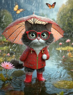 Gato fofo na chuva com roupa guarda-chuvas e borboletas
