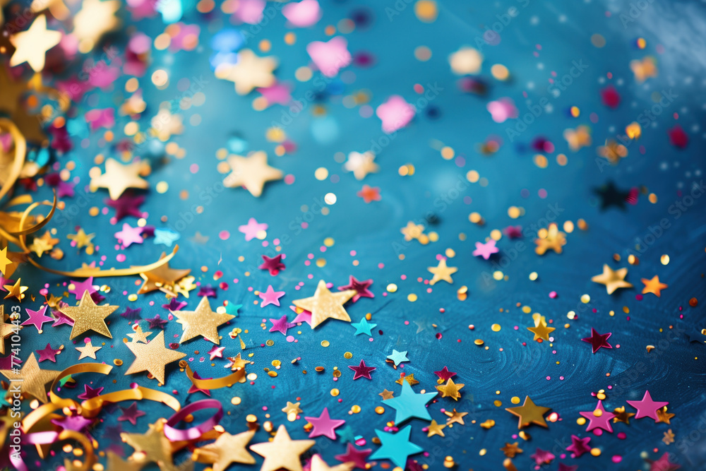 Poster celebration. star shaped confetti, lights and bokeh. background image. created with generative ai te