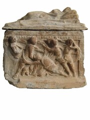 Details of an ancient Roman sarcophagus with sculpture and decoration found in Avignon, France