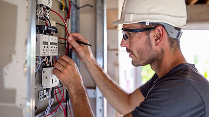 un électricien en train d'installer une boîte de disjoncteurs dans une maison neuve - obrazy, fototapety, plakaty