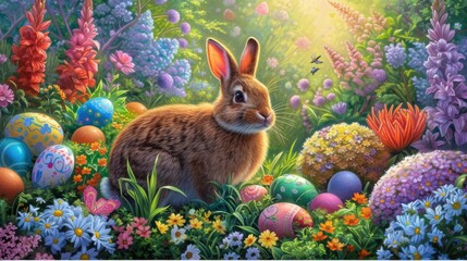 Audubons Cottontail rabbit is hidden in the vegetation next to Easter eggs in its natural...