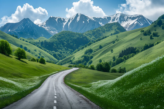 Country asphalt road and green forest with mountain natural landscape
