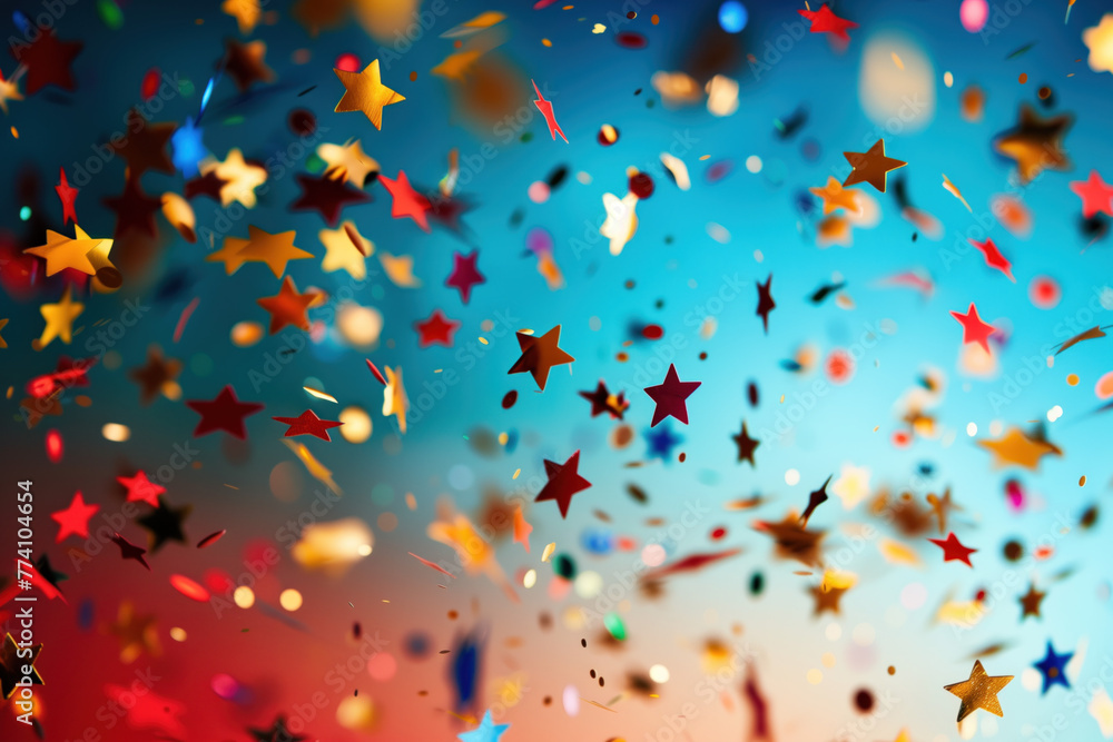 Poster celebration. star shaped confetti, lights and bokeh. background image. created with generative ai te