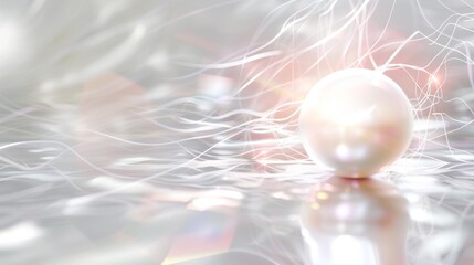 A lustrous pearl rests on luxurious satin, bathed in light that dances across its surface