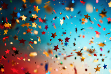 Celebration. Star shaped confetti, lights and bokeh. Background image. Created with Generative AI technology.