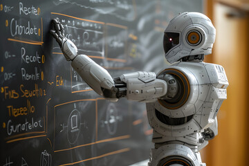 Robot writes formulas on a chalkboard, the concept of modern technologies in learning and back to school