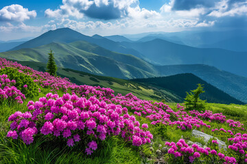 Obraz premium Spring landscape in mountains with Flower of a rhododendro with sky