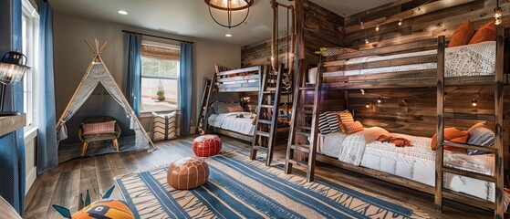A rustic young boys bedroom with bunk beds and play tent --ar 7:3 --v 6.0 - Image #1 @kashif320 - obrazy, fototapety, plakaty