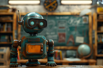 Robot on the background of a classroom, the concept of modern technologies in learning and back to school. Copy space