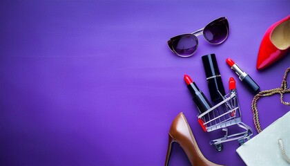 Shoes, lipstick, and sunglasses are sticking out of the basket, but it's only on the bottom left, and the background is purple and solid - obrazy, fototapety, plakaty